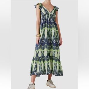 Figue Cosette Green Ikat Print Boho Flutter Sleeve Midi Dress Size Large